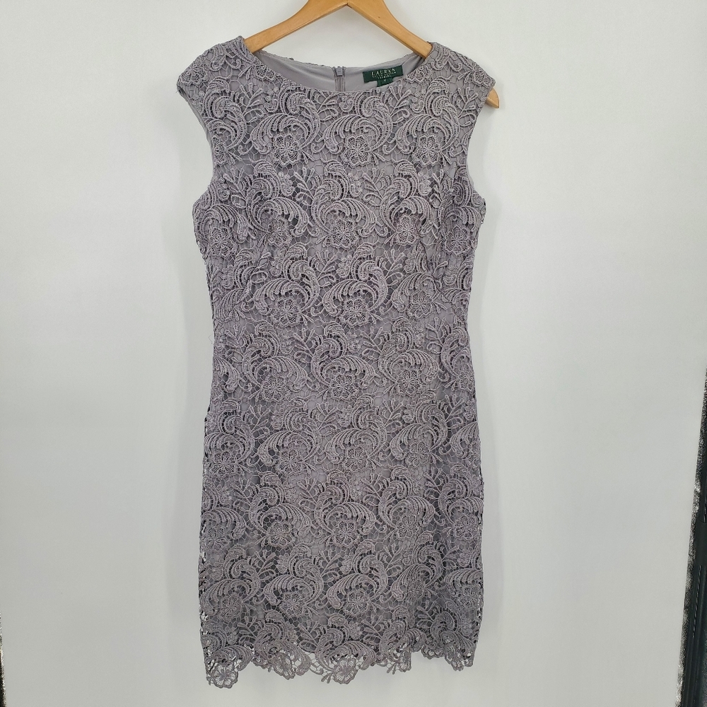 ♧♧ Lauren Ralph Lauren Evening Gray Floral Lace Scallop Hem Sheath Dress Size 10